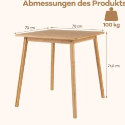 70 x 70 cm Esstisch aus Bambus Quadratischer Holztisch Küchentisch für 2-4 Personen Natur