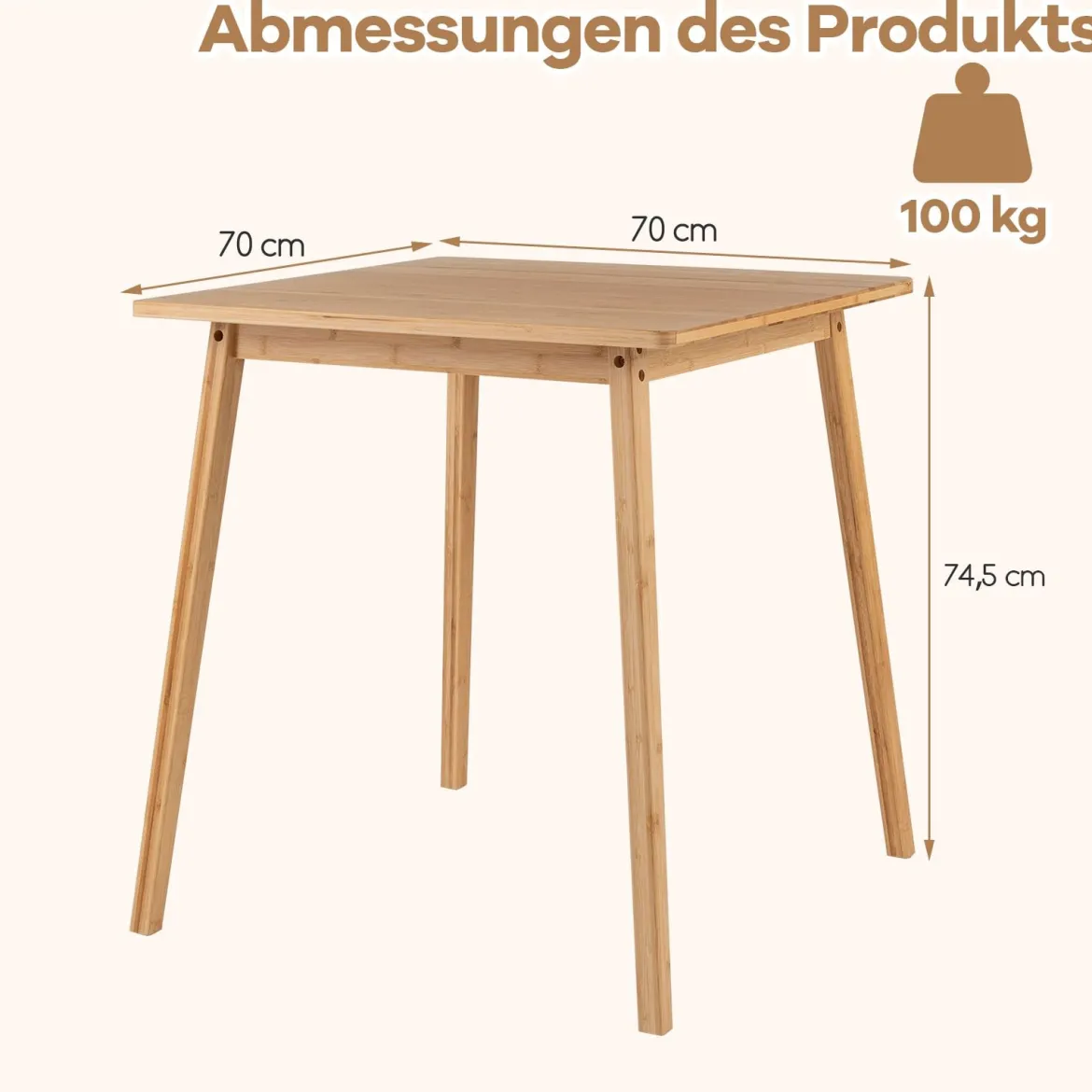 70 x 70 cm Esstisch aus Bambus Quadratischer Holztisch Küchentisch für 2-4 Personen Natur