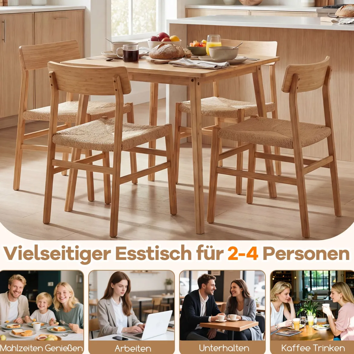 70 x 70 cm Esstisch aus Bambus Quadratischer Holztisch Küchentisch für 2-4 Personen Natur
