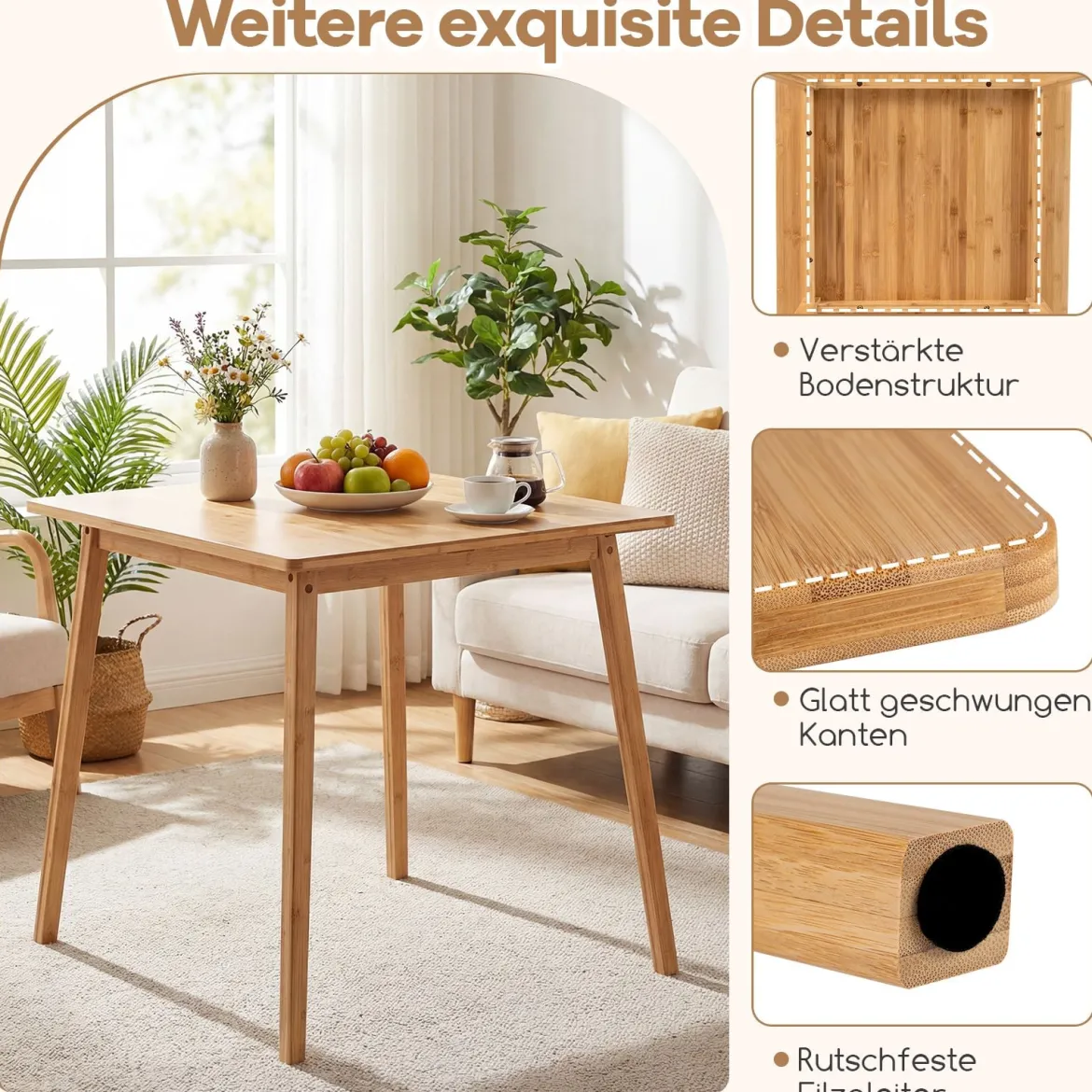 70 x 70 cm Esstisch aus Bambus Quadratischer Holztisch Küchentisch für 2-4 Personen Natur