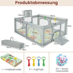 188 x 157 cm Faltbarer Baby Laufstall mit Matratze & Basketballkorb & Fußballnetzen & 50 Bällen Grau
