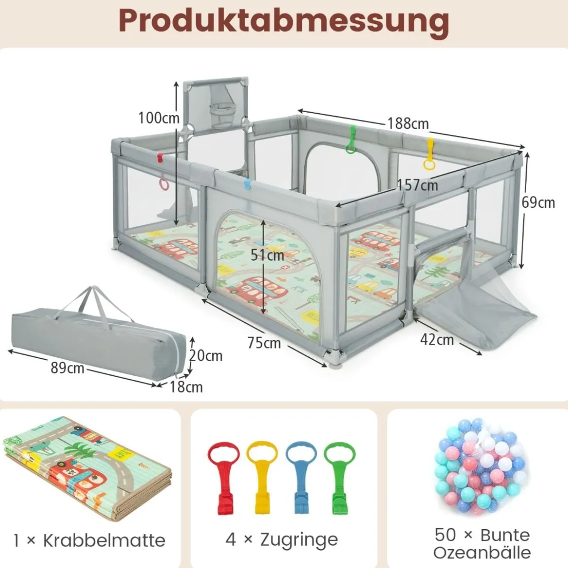 188 x 157 cm Faltbarer Baby Laufstall mit Matratze & Basketballkorb & Fußballnetzen & 50 Bällen Grau