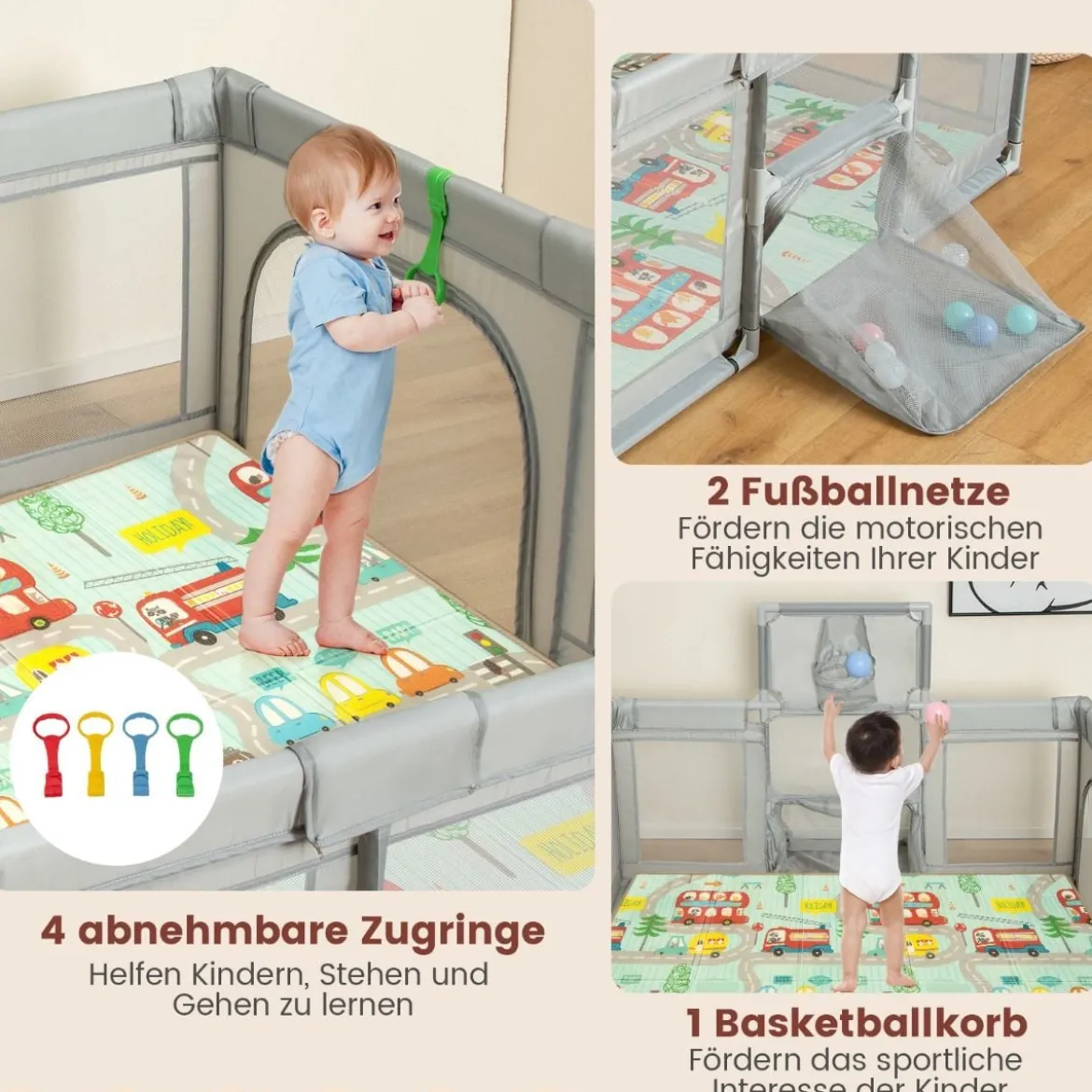 188 x 157 cm Faltbarer Baby Laufstall mit Matratze & Basketballkorb & Fußballnetzen & 50 Bällen Grau
