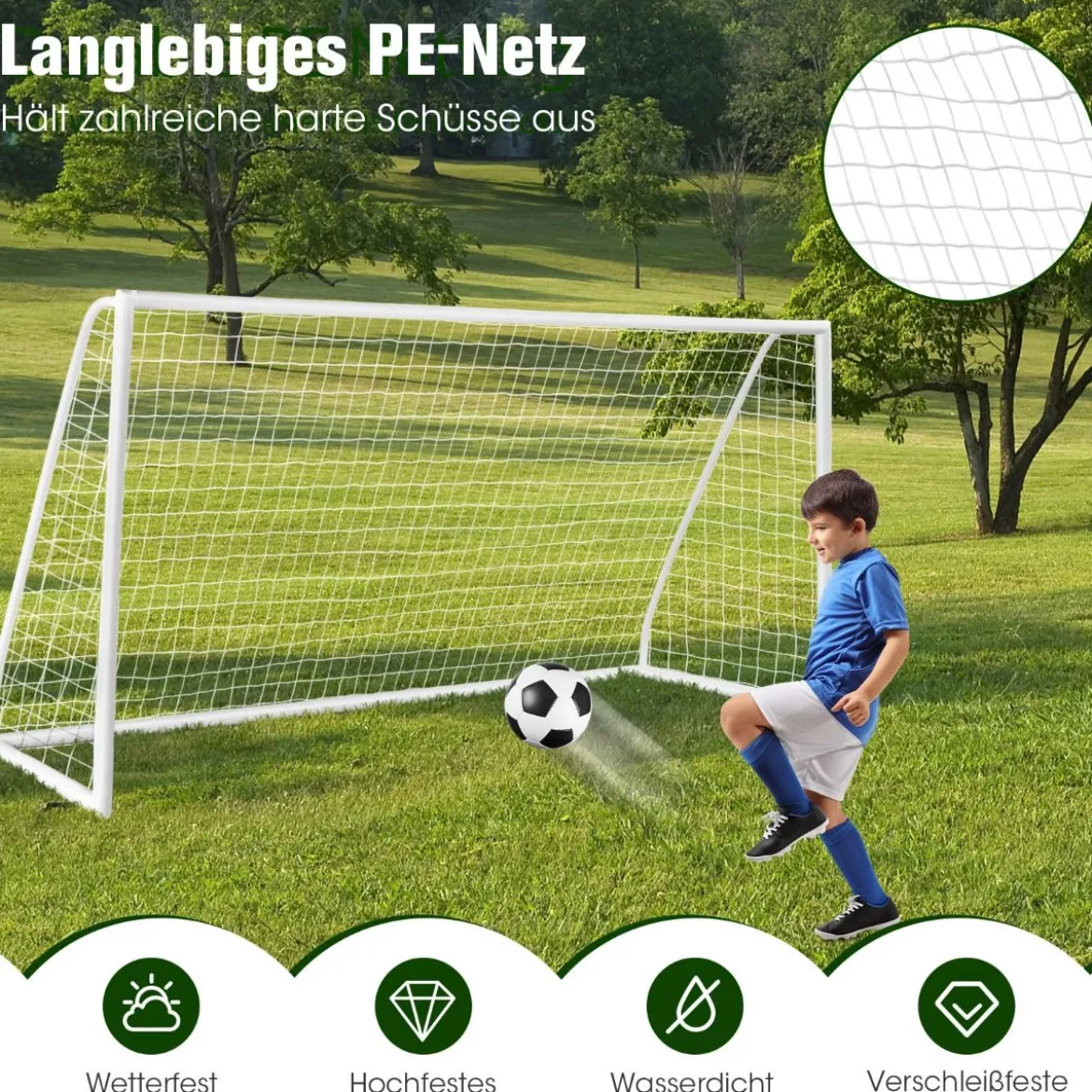 365 x 182 cm Fußballtor mit Hochfestem Netz & 6 Erdspießen Wetterfestes Tor Fußballtraining