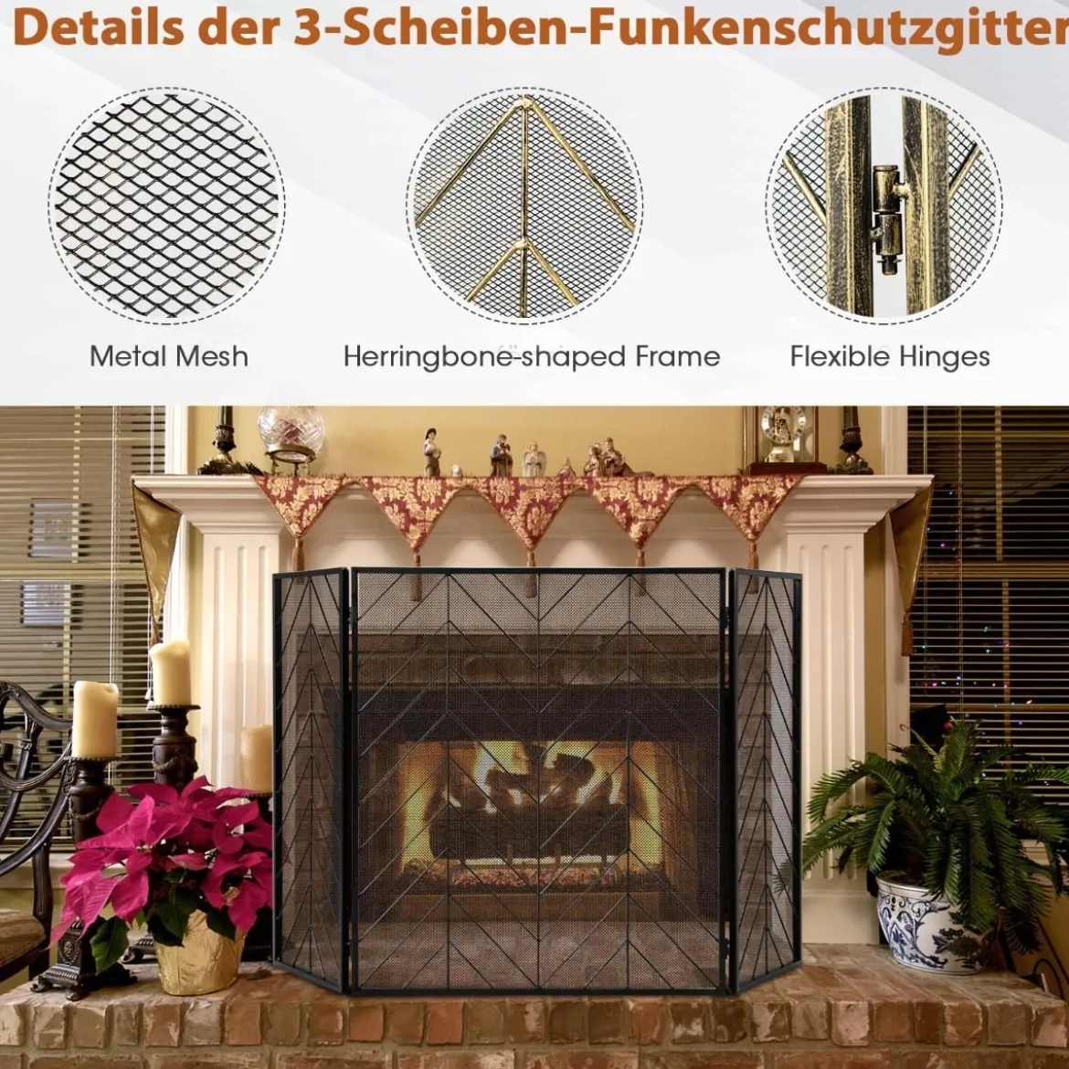 133 x 78 cm Funkenschutzgitter mit Stabilem Metallrahmen 3-teilige Faltbare Kamingitter Schwarz