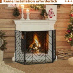 133 x 78 cm Funkenschutzgitter mit Stabilem Metallrahmen 3-teilige Faltbare Kamingitter Schwarz