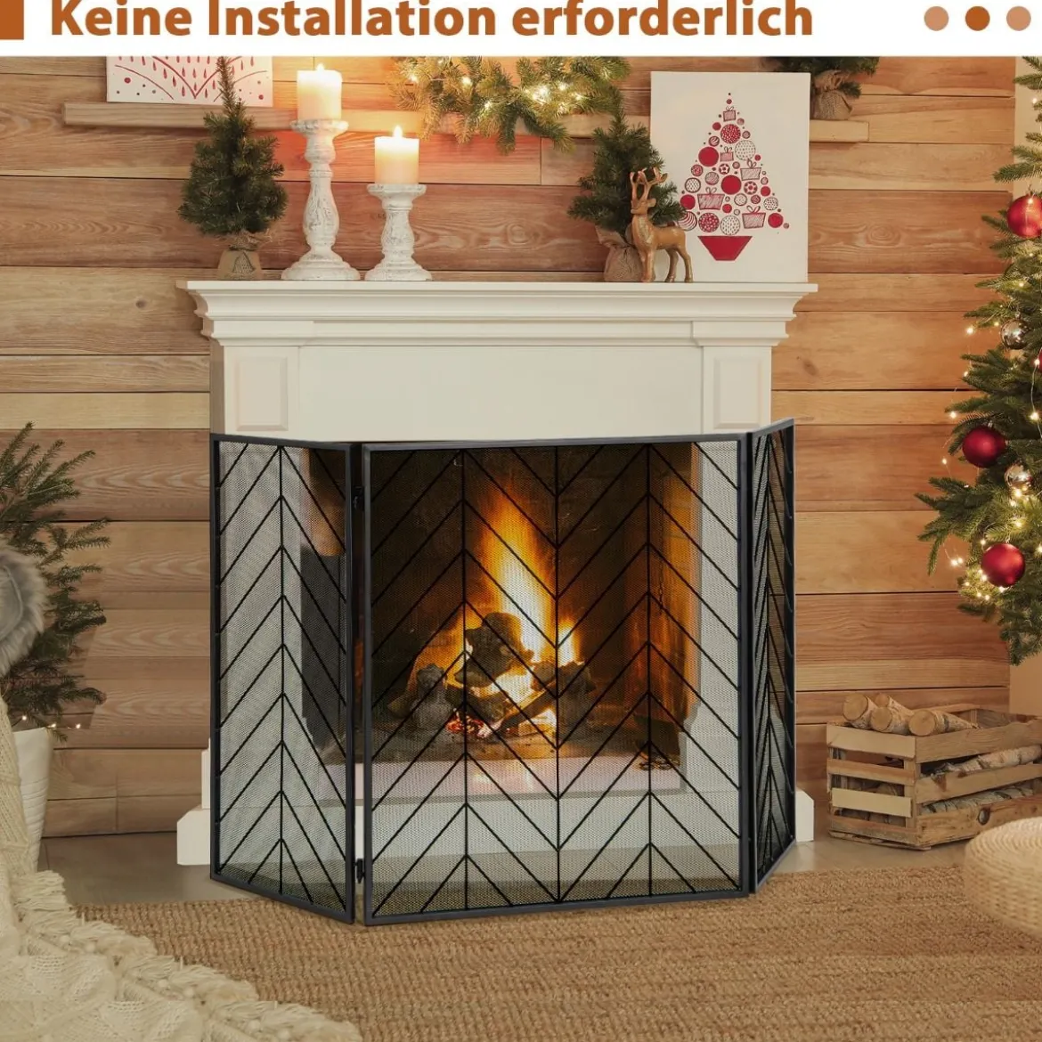 133 x 78 cm Funkenschutzgitter mit Stabilem Metallrahmen 3-teilige Faltbare Kamingitter Schwarz