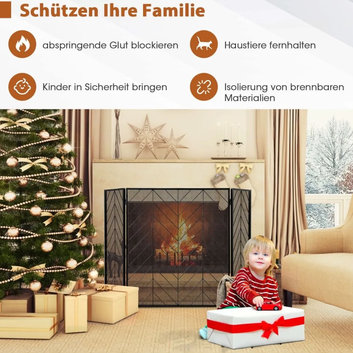 133 x 78 cm Funkenschutzgitter mit Stabilem Metallrahmen 3-teilige Faltbare Kamingitter Schwarz