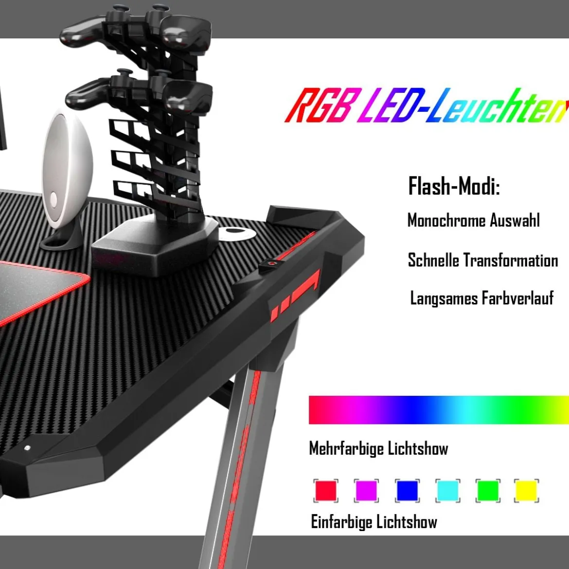 120 x 64 cm Gamingtisch Ergonomischer Computertisch Schreibtisch Racing PC-Tisch mit RGB-Led