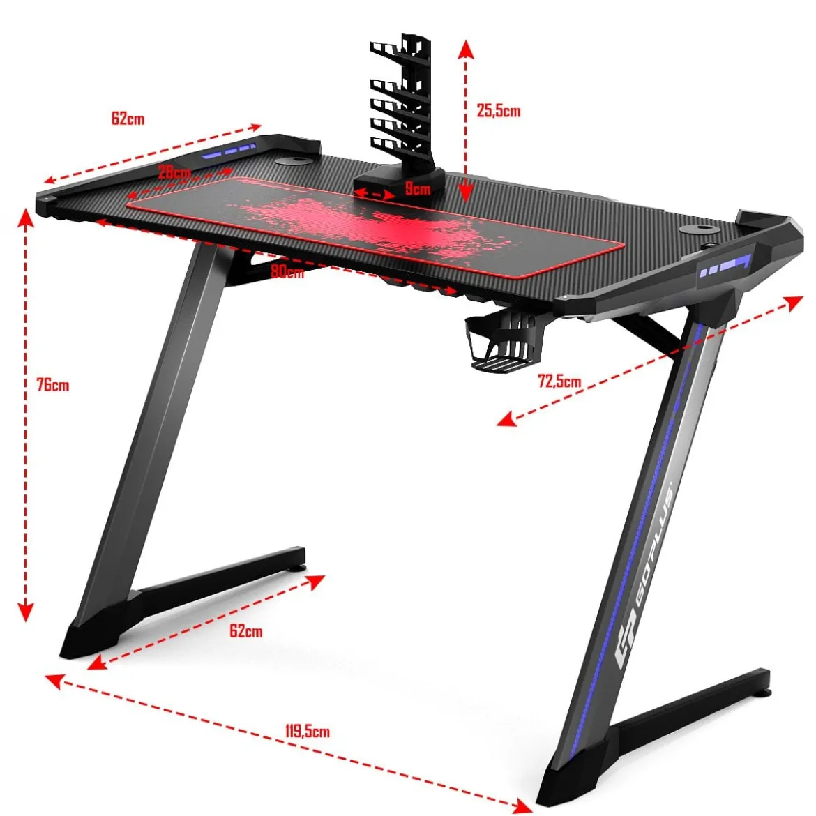 120 x 64 cm Gamingtisch Ergonomischer Computertisch Schreibtisch Racing PC-Tisch mit RGB-Led