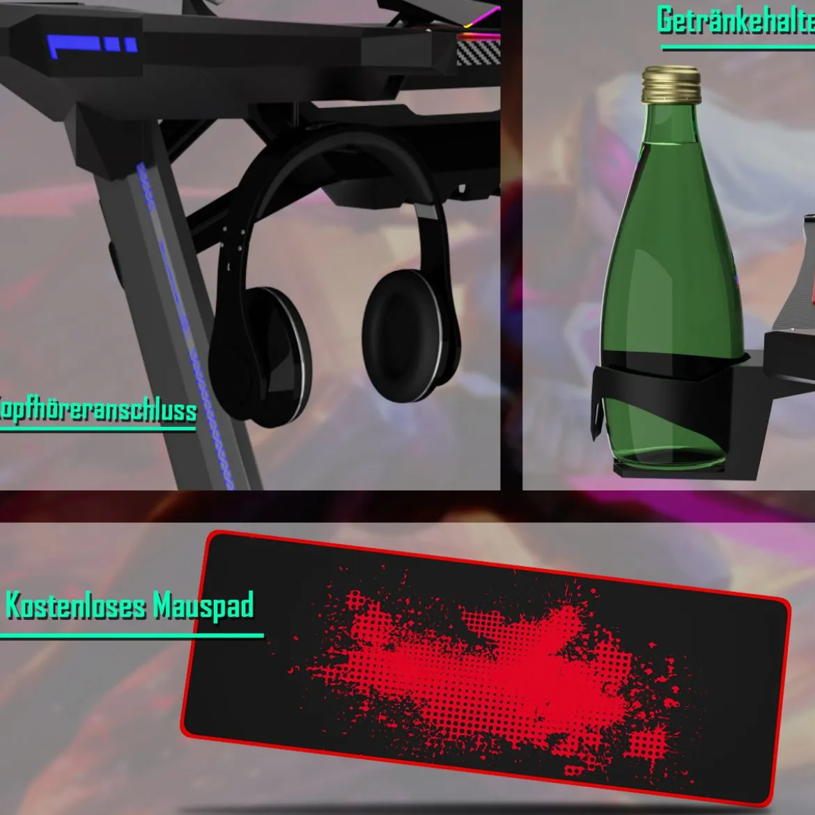 120 x 64 cm Gamingtisch Ergonomischer Computertisch Schreibtisch Racing PC-Tisch mit RGB-Led