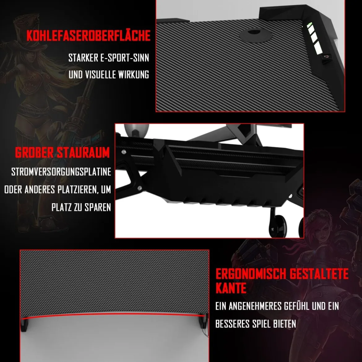 120 x 64 cm Gamingtisch Ergonomischer Computertisch Schreibtisch Racing PC-Tisch mit RGB-Led
