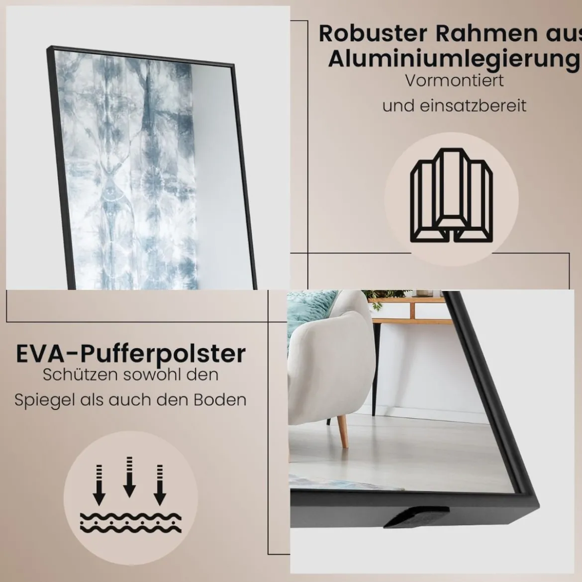160 x 40 cm Ganzkörperspiegel 2 in 1 Standspiegel & Wandspiegel aus bruchsicherem Glas Schwarz