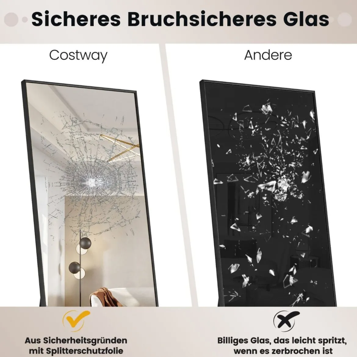 160 x 40 cm Ganzkörperspiegel 2 in 1 Standspiegel & Wandspiegel aus bruchsicherem Glas Schwarz