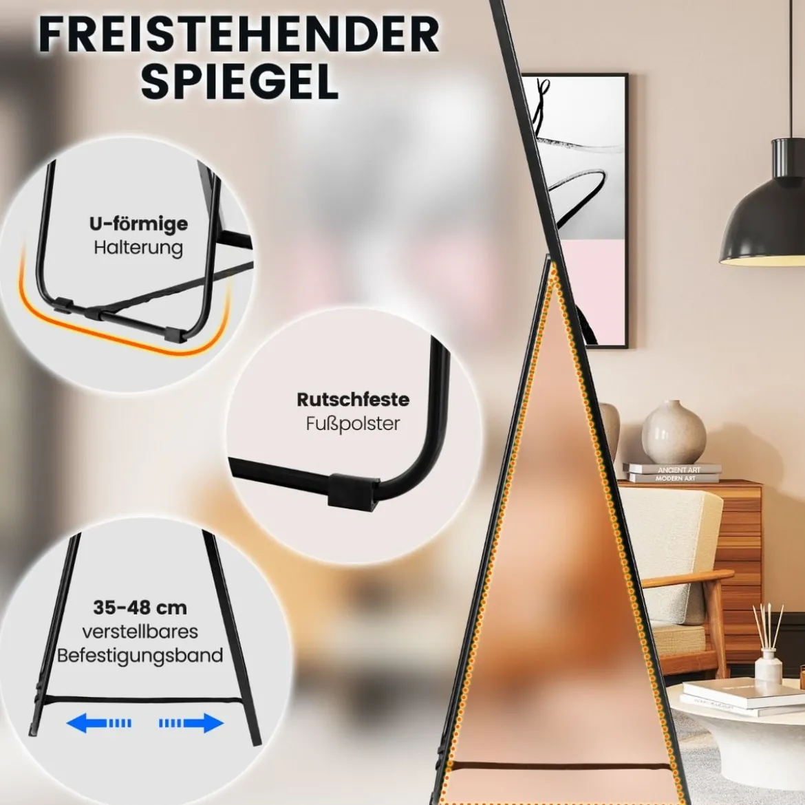 160 x 40 cm Ganzkörperspiegel 2 in 1 Standspiegel & Wandspiegel aus bruchsicherem Glas Schwarz