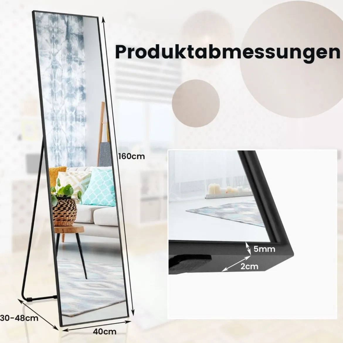 160 x 40 cm Ganzkörperspiegel 2 in 1 Standspiegel & Wandspiegel aus bruchsicherem Glas Schwarz