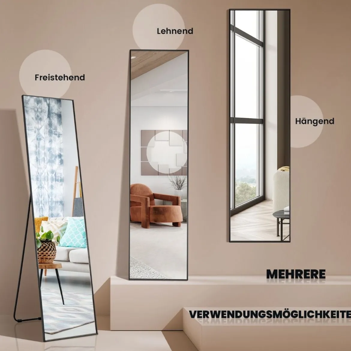 160 x 40 cm Ganzkörperspiegel 2 in 1 Standspiegel & Wandspiegel aus bruchsicherem Glas Schwarz