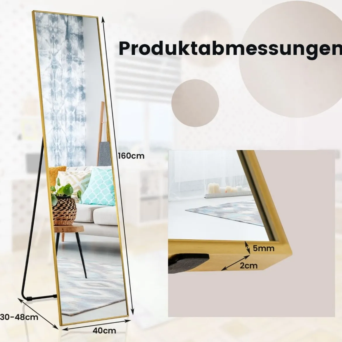 160 x 40 cm Ganzkörperspiegel 2 in 1 Standspiegel & Wandspiegel aus bruchsicherem Glas Gold