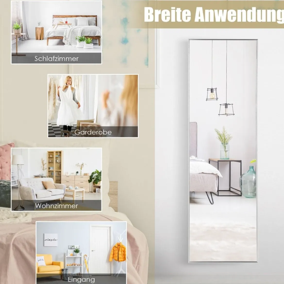 37 x 120 cm Ganzkörperspiegel mit Höhenverstellbaren Hängehaken Wandspiegel Silber
