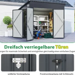 235 x 174 cm Geräteschuppen mit Dreifachtüren abschließbarer Gartenschuppen mit schrägem Dach Dunkelgrau