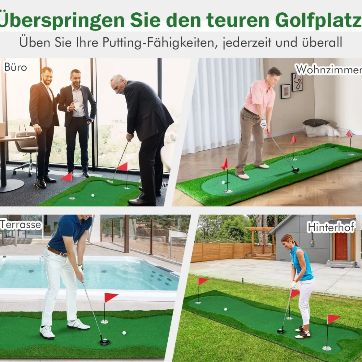 300 x 100 cm Golf Puttingmatte Golfmatte mit Kunstrasen Trainingsmatte für Zuhause Grün