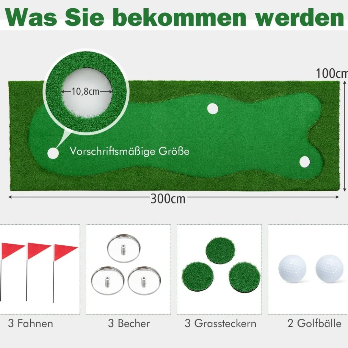 300 x 100 cm Golf Puttingmatte Golfmatte mit Kunstrasen Trainingsmatte für Zuhause Grün