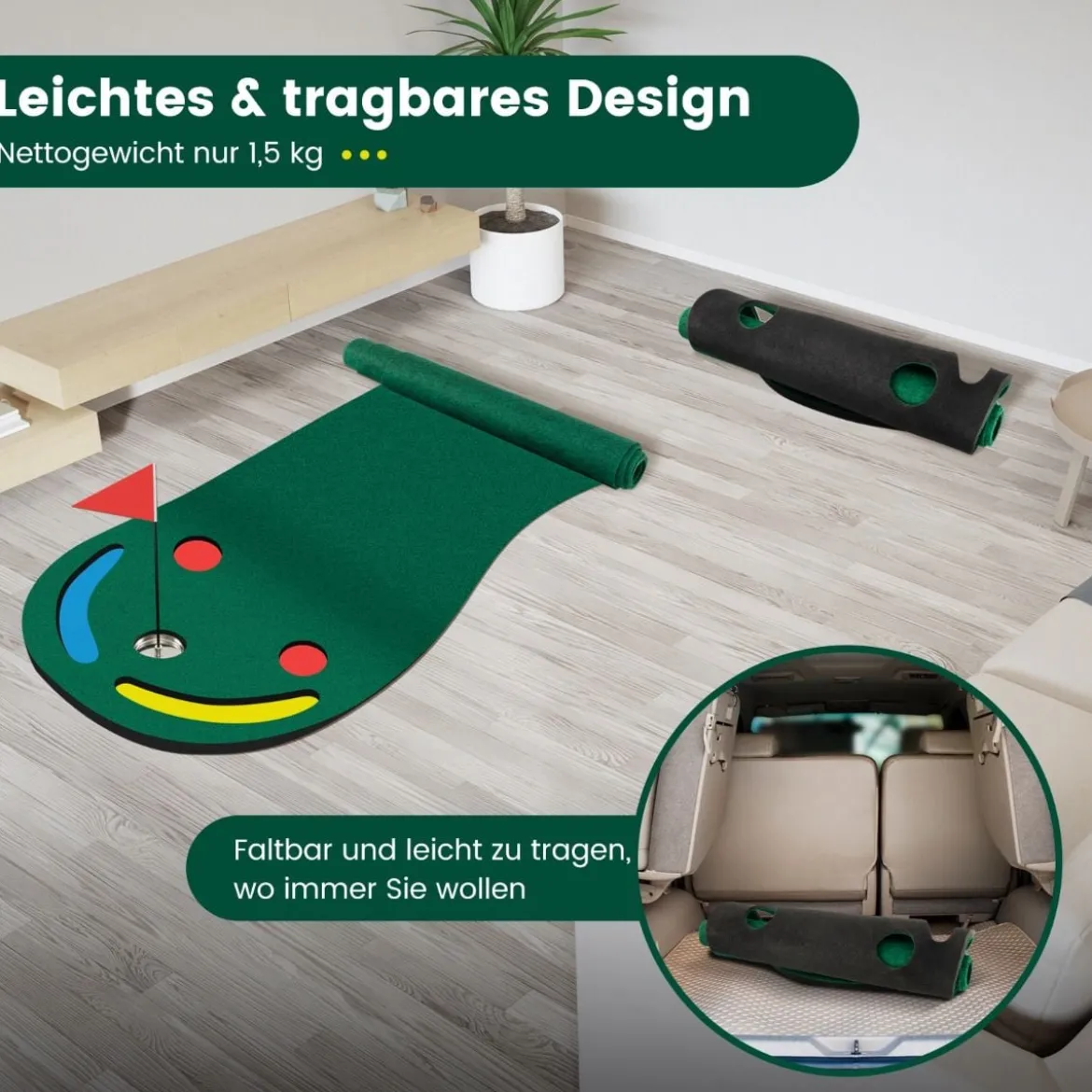 300 x 96 cm Golf Puttingmatte mit 3 Putting Cups & 1 Fahne Faltbare Golfmatte Übungsmatte Grün