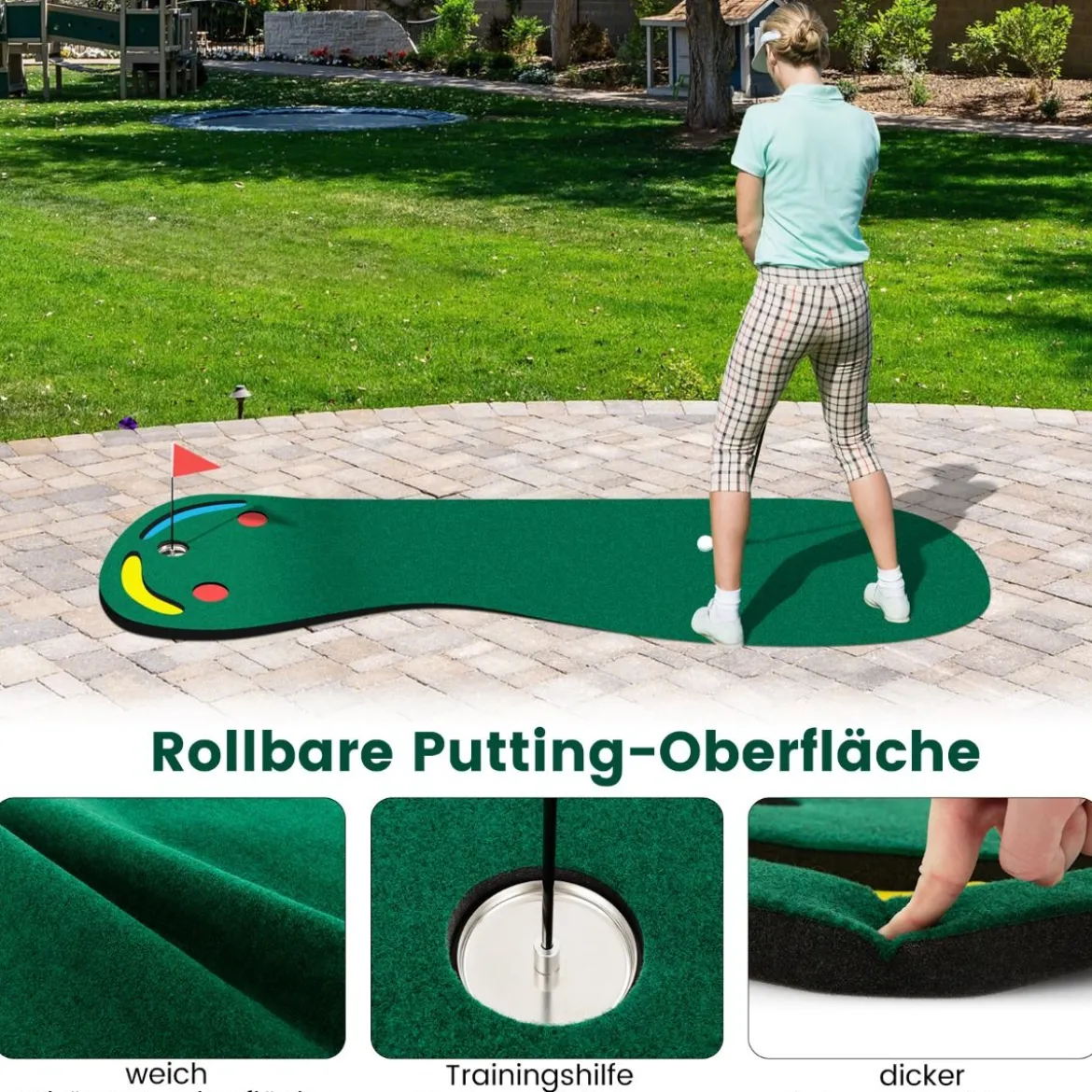 300 x 96 cm Golf Puttingmatte mit 3 Putting Cups & 1 Fahne Faltbare Golfmatte Übungsmatte Grün