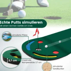 300 x 96 cm Golf Puttingmatte mit 3 Putting Cups & 1 Fahne Faltbare Golfmatte Übungsmatte Grün