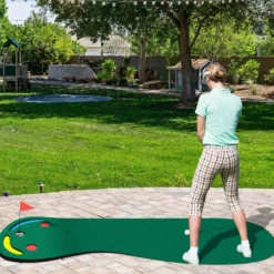 300 x 96 cm Golf Puttingmatte mit 3 Putting Cups & 1 Fahne Faltbare Golfmatte Übungsmatte Grün