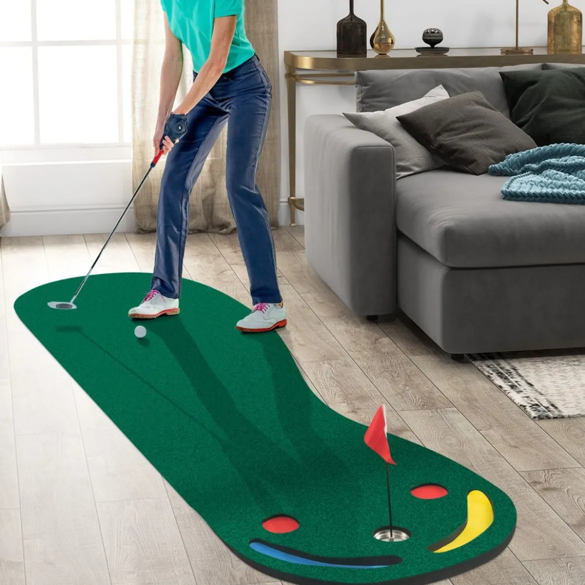 300 x 96 cm Golf Puttingmatte mit 3 Putting Cups & 1 Fahne Faltbare Golfmatte Übungsmatte Grün