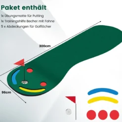 300 x 96 cm Golf Puttingmatte mit 3 Putting Cups & 1 Fahne Faltbare Golfmatte Übungsmatte Grün