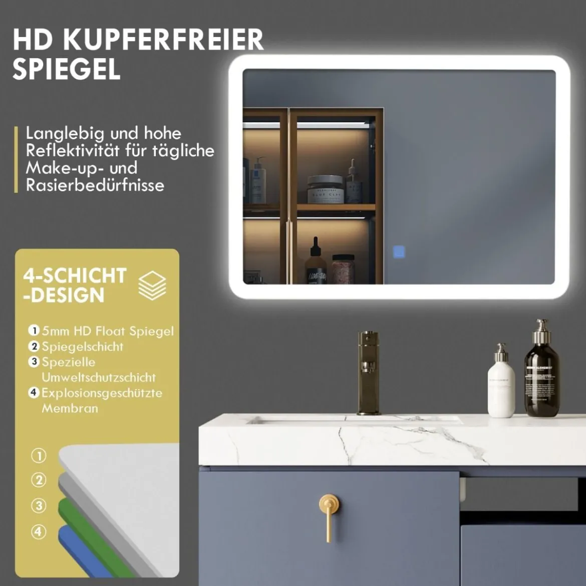 70 x 50 cm Großer Badezimmer-Spiegel Wandmontierbarer Badspiegel
