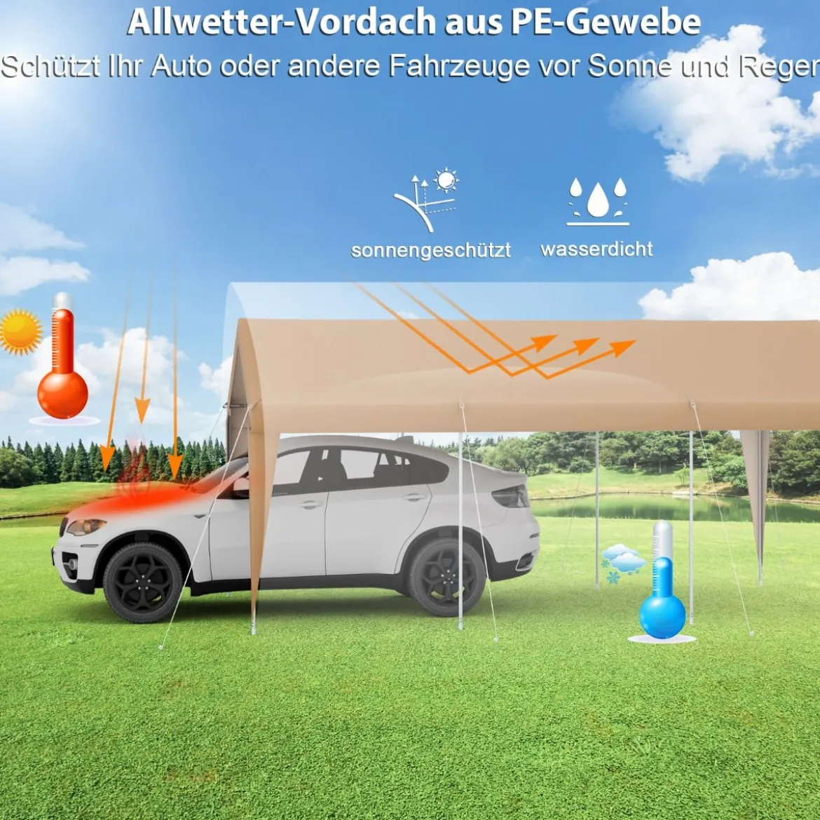 301 x 600 cm Großer Carport Tragbares Garagenzelt mit verzinktem Metallrahmen Gelb