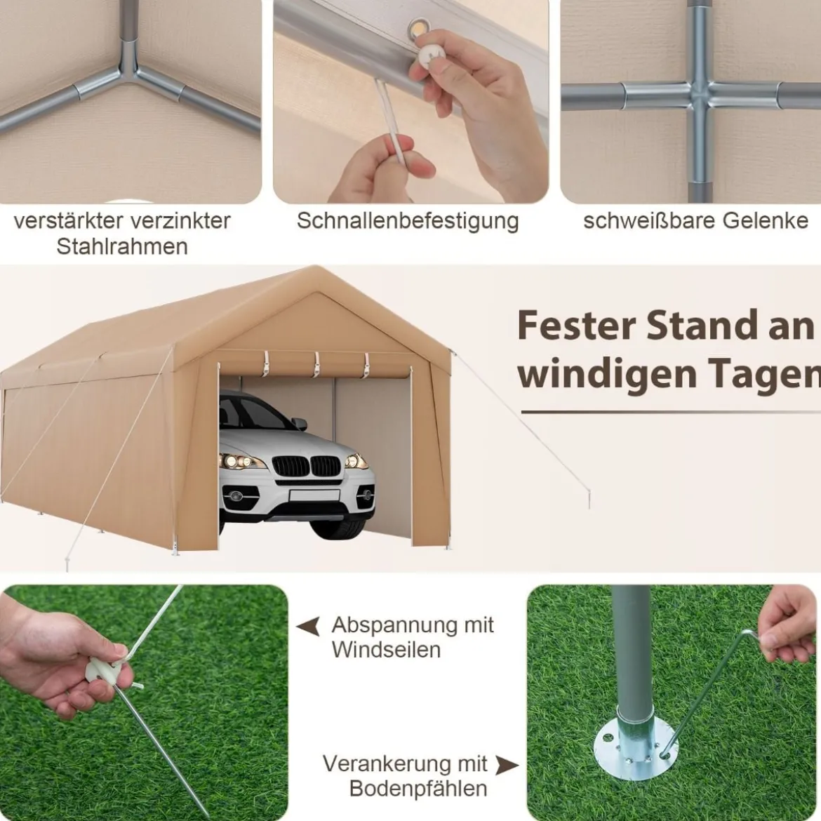 301 x 600 cm Großer Carport Tragbares Garagenzelt mit verzinktem Metallrahmen Gelb