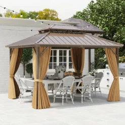 354 x 294 cm Großer Zeltpavillon mit Netz & Vorhang & Robustem Doppeldach aus Verzinktem Metall