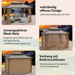 354 x 294 cm Großer Zeltpavillon mit Netz & Vorhang & Robustem Doppeldach aus Verzinktem Metall
