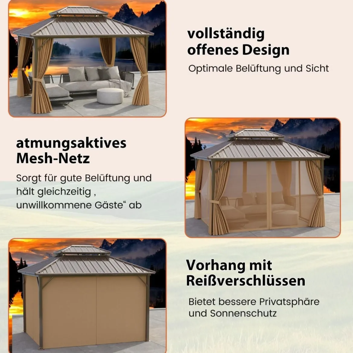 354 x 294 cm Großer Zeltpavillon mit Netz & Vorhang & Robustem Doppeldach aus Verzinktem Metall