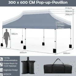 300 x 600 cm großes Pop-up-Überdachungszelt klappbares Eventzelt mit Tragetasche Weiß/Grün/Grau/Schwarz/Blau
