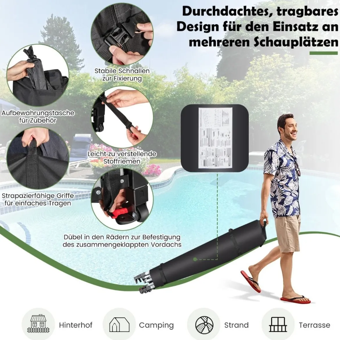 600 x 300 cm Großes Pop-Up-Überdachungszelt Sofortiger Sonnenschutz mit Rädern