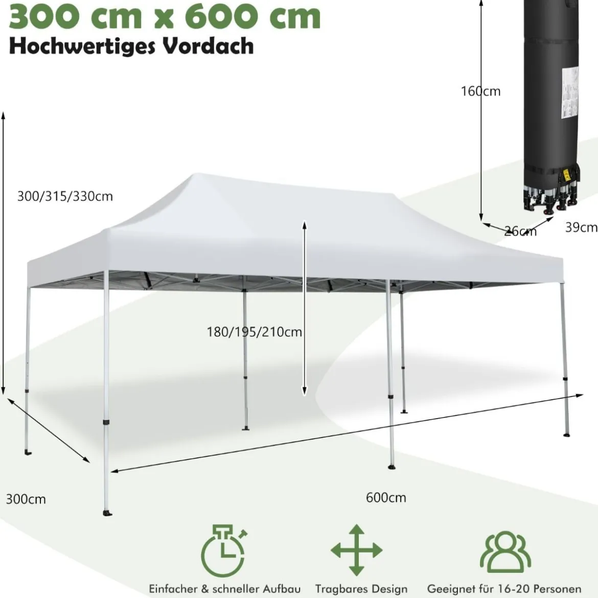 600 x 300 cm Großes Pop-Up-Überdachungszelt Sofortiger Sonnenschutz mit Rädern