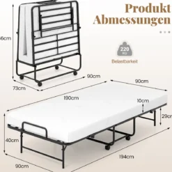 90 x 190 cm Gästebett mit Matratze Klappbares Einzelbett Stabiler Metallbett bis 220 kg belastbar Tragbares Bett Weiß
