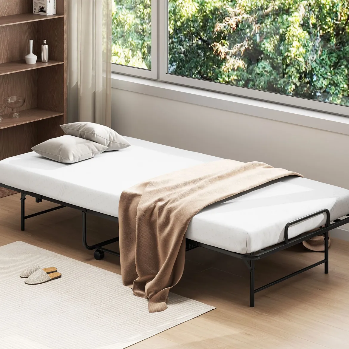 90 x 190 cm Gästebett mit Matratze Klappbares Einzelbett Stabiler Metallbett bis 220 kg belastbar Tragbares Bett Weiß