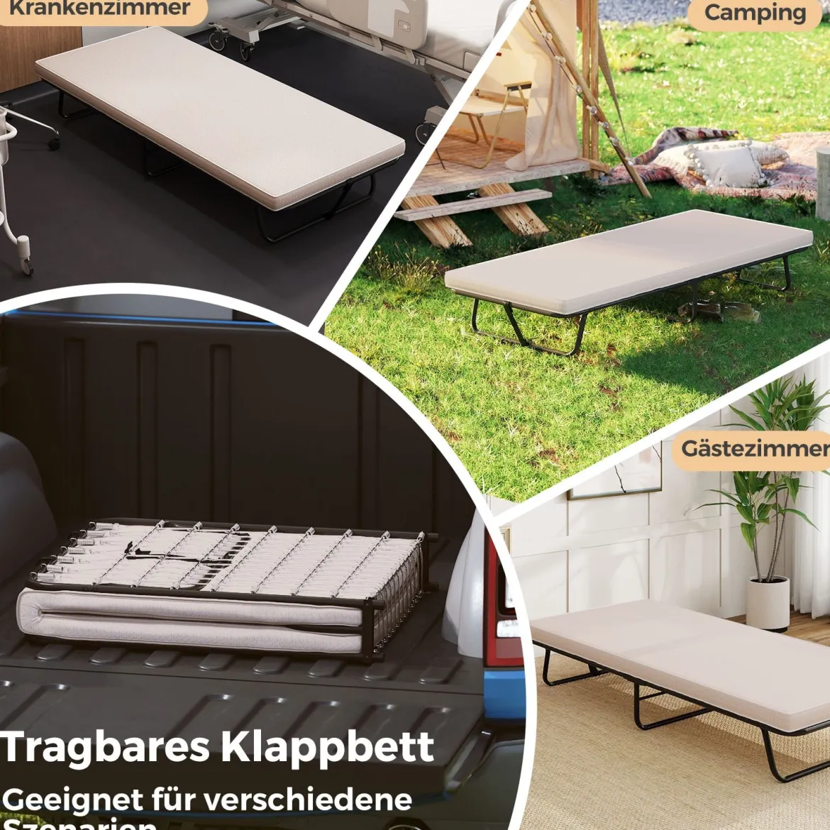 190 x 80 cm Gästebett mit Matratze Klappbares Einzelbett bis 120kg Stabiler Metallbett