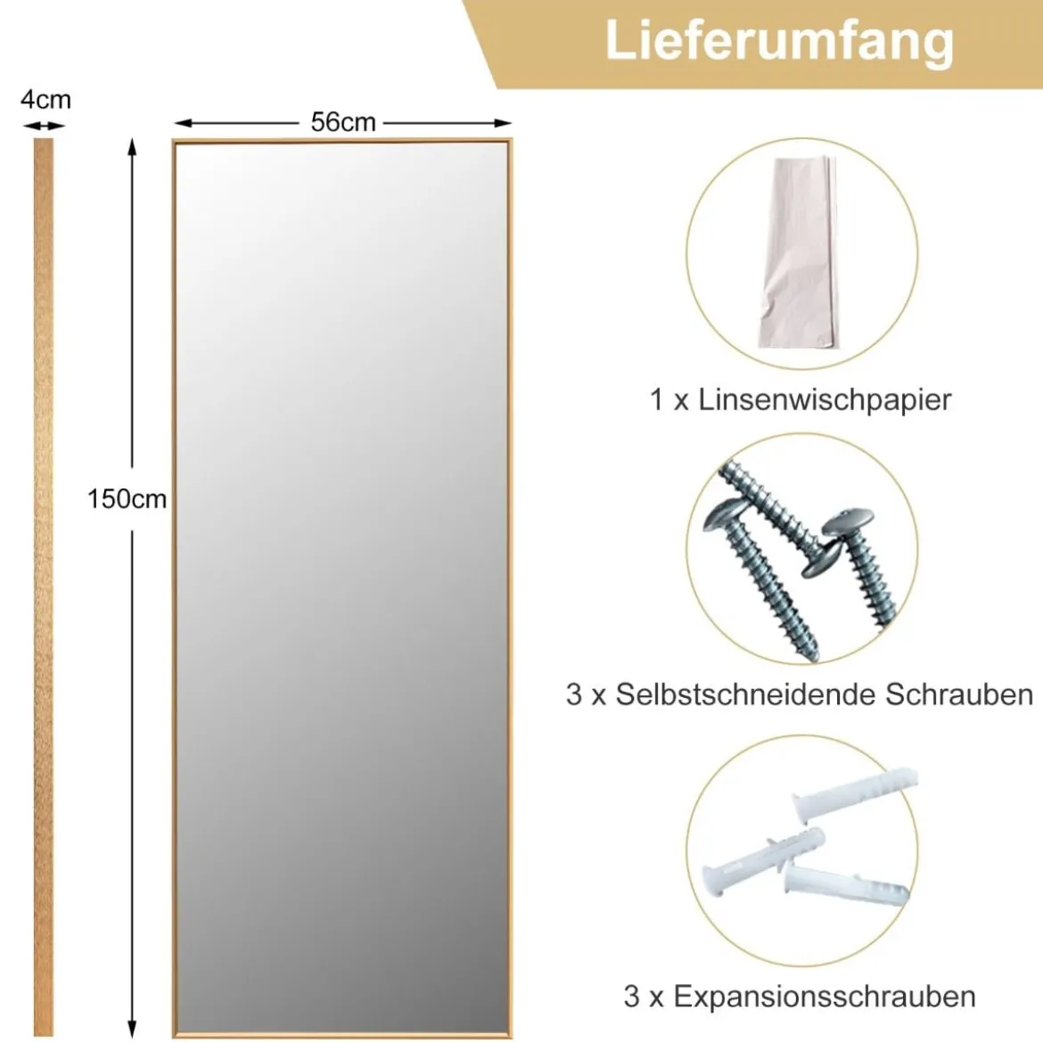 56 x 150 cm HD Ganzkörperspiegel zum Aufhängen oder Anlehnen Wandspiegel Gold
