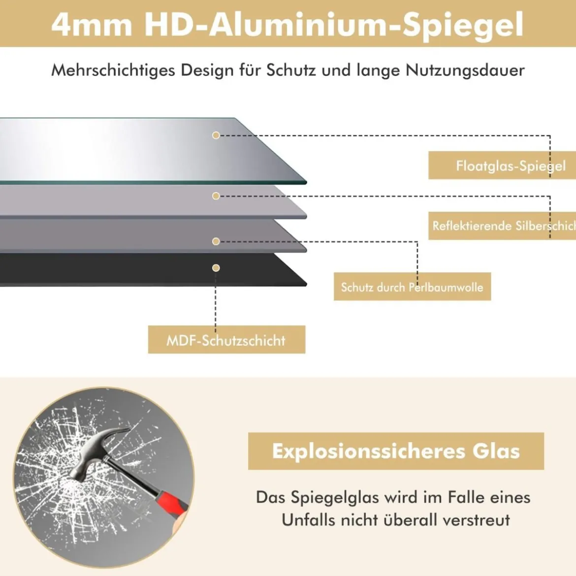 56 x 150 cm HD Ganzkörperspiegel zum Aufhängen oder Anlehnen Wandspiegel Gold