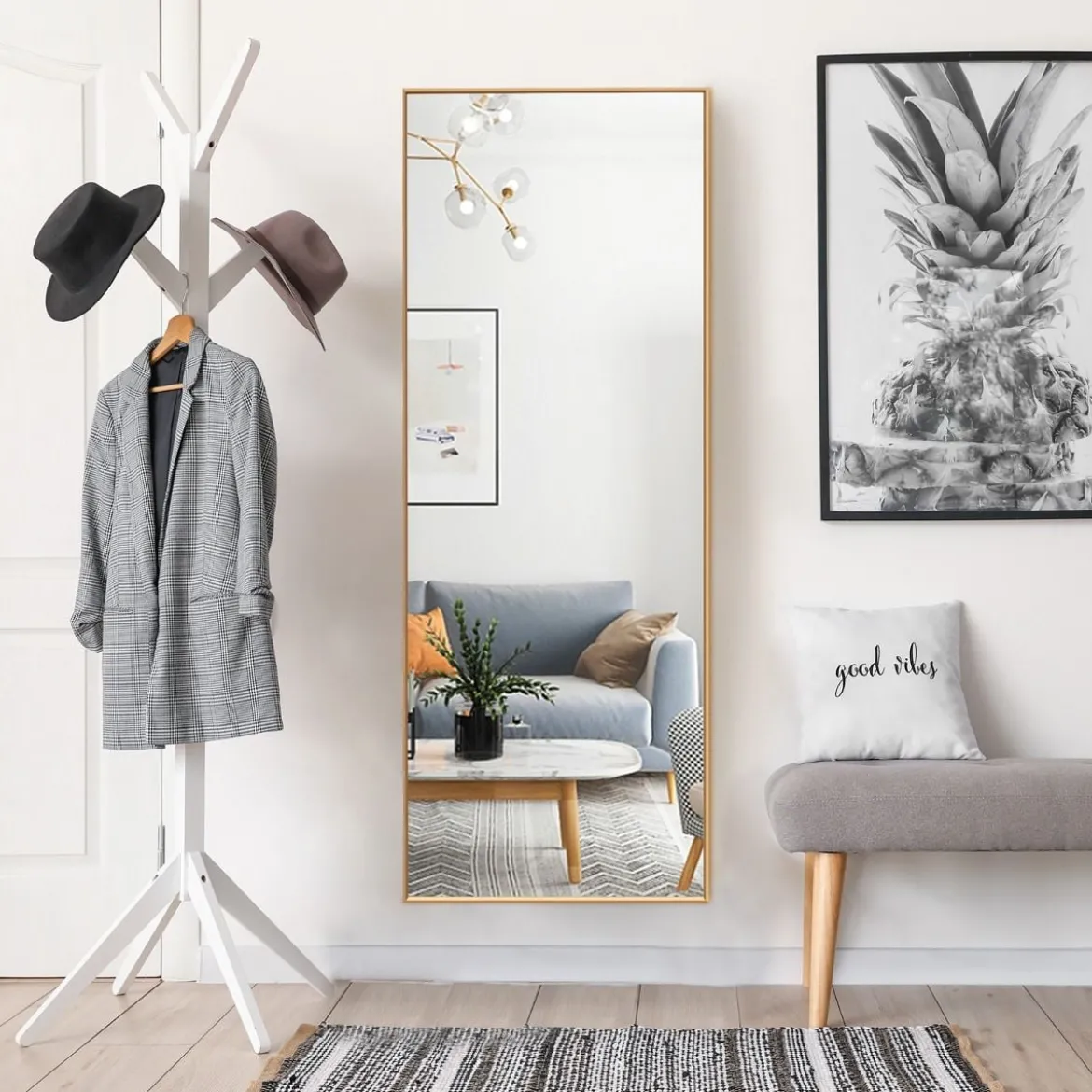 56 x 150 cm HD Ganzkörperspiegel zum Aufhängen oder Anlehnen Wandspiegel Gold