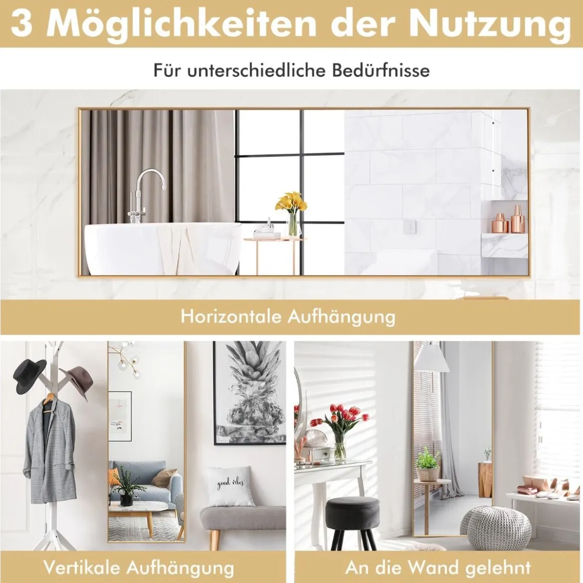 56 x 150 cm HD Ganzkörperspiegel zum Aufhängen oder Anlehnen Wandspiegel Gold