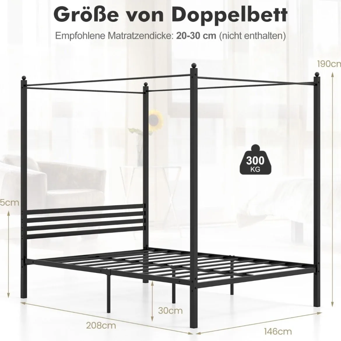 140 x 200 cm Himmelbett Bettgestell mit Lattenrost Metallbett Doppelbett Bettrahmen Schwarz