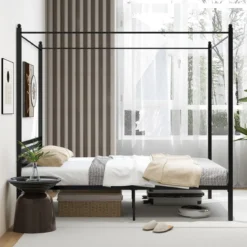 140 x 200 cm Himmelbett Bettgestell mit Lattenrost Metallbett Doppelbett Bettrahmen Schwarz
